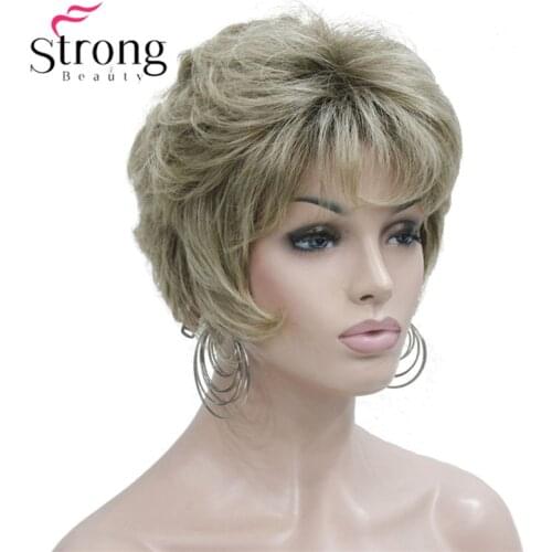 Medium Golden Brown Mix Blonde Short Natural Wav Synthetic Hair Full Womens Wig