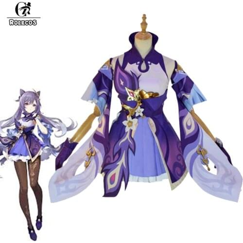 ROLECOS Game Genshin Impact Keqing Cosplay Costume Genshin Impact Cosplay Keqing Costumes Women Dress Full Set Headwear Gloves