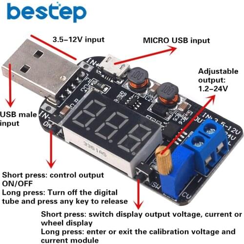With Current USB Micro USB 5V to 3.3V 9V 12V 18V 24V Adjustable Buck-Boost Power Supply Voltage Regulator Module LED Display
