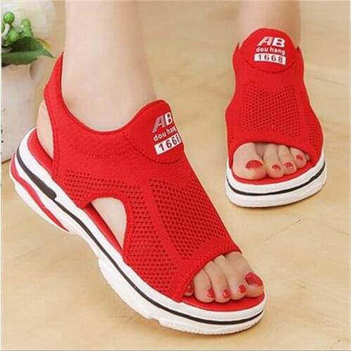 Sports Sandals Women Summer New Mesh Casual Woven Womens Shoes Flat Hollow Student Soft Bottom Fish Mouth Sandals B42