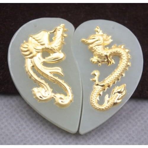 Certified Natural Hetian Jade (Nephrite) 999 Yellow Gold Dragon Phoenix Pendant