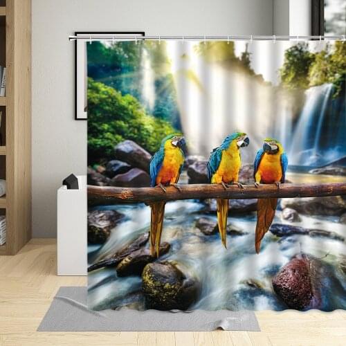 Green Plant Bird Bathroom Decor Jungle Parrot Waterfall Printing Curtains Sandy Beach Parrots Animal Shower Curtain Waterproof