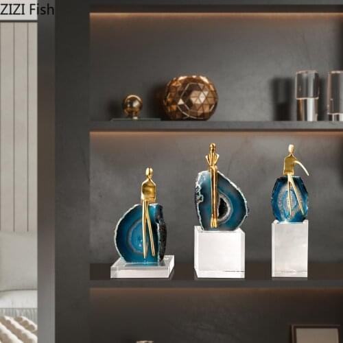 Modern Crystal Agate Bronze Crafts Decoration Abstract Character Sculpture Model TV Cabinet Living Room Decoration Birthday Gift