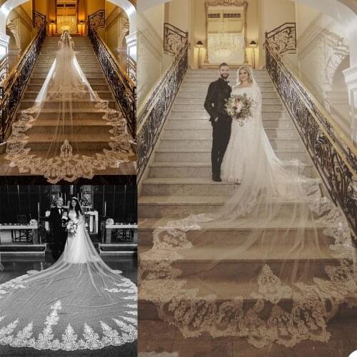 Gorgeous Cathedral Church Bridal Veils Lace Appliques Wedding Accessories With Hair Combs Custom Made Supper Long Veils