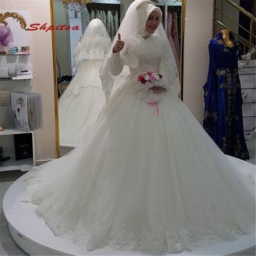 Vintage Hijab Long Sleeve Lace Muslim Wedding Dress Ball Gown Arab Wedding Dresses Women Bridal Bride Dress Wedding Gowns