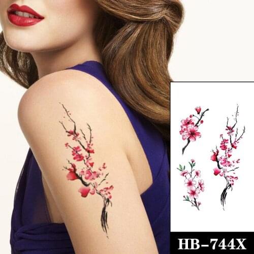 Waterproof Temporary Tattoo Sticker Pink Plum Blossom Leaves Fake Tattoos Flash Tatoo Arm Hand Chest Neck Body Art for Women Men