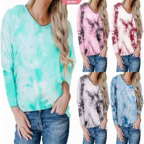 2021 Long Sleeve T-shirt Womens Fashion Casual Tie Dye Round Neck Loose Top Womens T-shirt