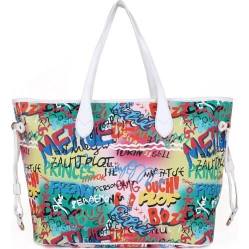 Pu color hand painted graffiti bag womens large capacity handbag fashion simple versatile shopping bag