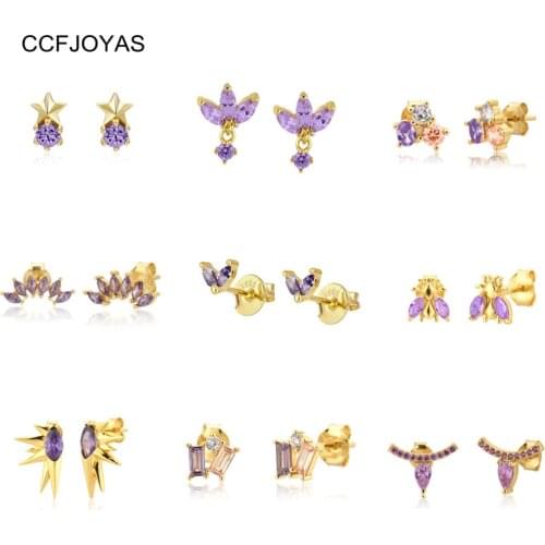 CCFJOYA 100% 925 Sterling Silver Purple Zircon CZ Small Stud Earrings For Women Girls Gold Color Piercing Earings Jewelry