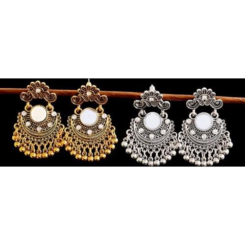 TopHanqi Vintage Gold Sliver Color Bell Tassel Indian Jhumka Earrings Women Gypsy Jewelry Boho Ethnic Dangle Earing Oorbellen