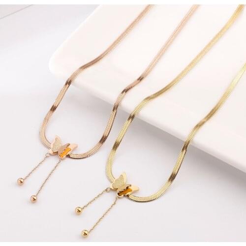 Rose Gold Plated Stainless Steel Snake Chain Butterfly Necklaces For Women, Stylish Tassel Beads Necklace Female Jewelry 2021