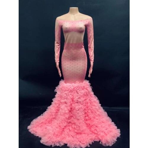 Pink Rhinestone Long Tail Floor Length Dress Slash Neck Women Wedding Evening Gown Formal Party Birthday Dress Singer Stage Wear