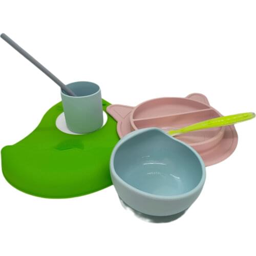 100 food Silicone Feeding Plate, Bowl, Apron, Spoon, Cup, Pipette-Set
