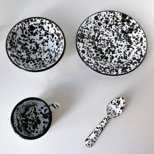 4pcs set Art Black Ink Marble pattern Breakfast Check Heart Salad Flat Picnic Plate dish bowl spoon