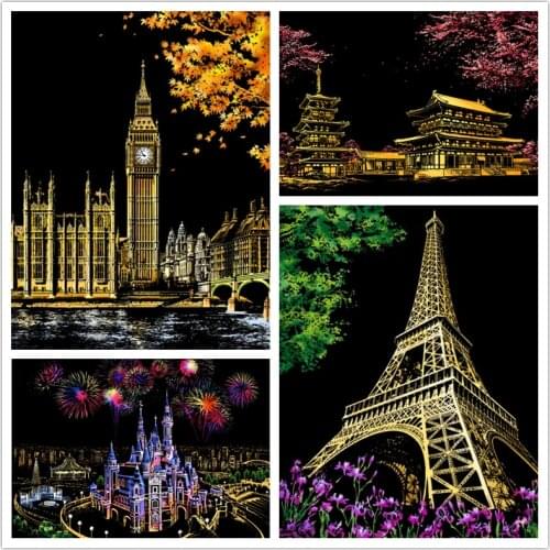 40.5x28.5 CM DIY Manual Famous City Night View Scraping Painting Creative Colorful Handmade Night View Scratch Drawing Toys