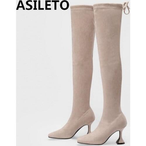 ASILETO Sexy Women Luxury Party Over Knee High Boots Stretch Suede Pull On 12cm Stileeto Heel Ladies Plus Size 49 S2466