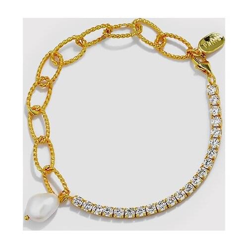 Asymmetry Bracelet Authentic 925 Sterling silver baroque Pearl Twist Oval chain &Tennis CZ 4A+ Chain Bracelet C-F21062602