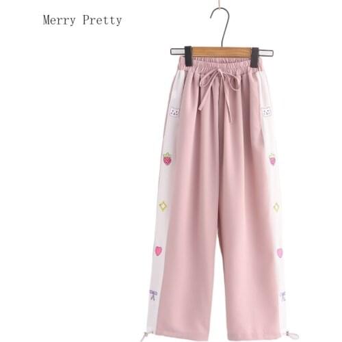 Side Cartoon Embroidery Straight Casual Women Pants 2021 Summer Sweet Style Ladeis Kawaii Cute Bottom Trouser MERRY PRETTY