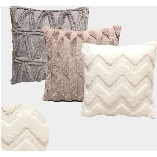 Plush Decorative Pink Throw Pillow Case Geometry Patchwork Flocked Velvet Sofa White Geometric Luxury Cushion Cover Home Decor