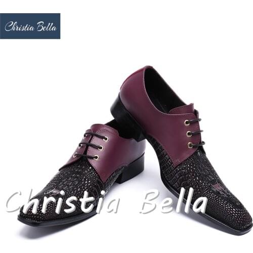 Christia Bella Genuine Leather Men Shoes Oxfords Glitter Business Wedding Italian Dress Shoes Black Men Lace-Up Shoes Men Flats