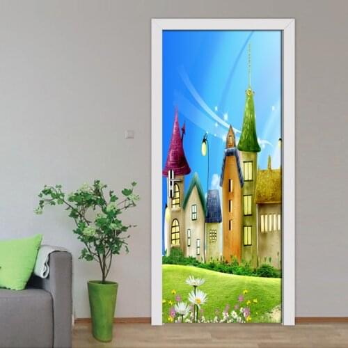 Color Cartoon House Door Background Wall Decor Painting PVC Vinyl Wallpaper Living Room Bedroom Door Sticker 3D Mural Wallpaper