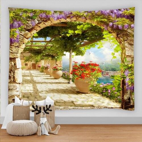European Building Garden Scenery Wall Hanging Sea Beach landscape Tapestry Wall Cloth Beach Mat Flower Blanket Home Decoration