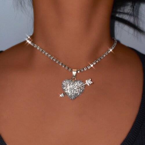 Flatfoosie Bling Crystal Heart Cupid Arrow Pendant Necklace For Woman Gold Silver Color Rhinestone Tennis Chain Necklace Jewelry