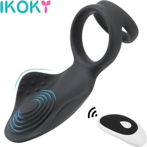 IKOKY Silicone Penis Ring Dual Cock Ring Erection Prostate Massage 10 Modes Remote Control Sex Toys for Men Delay Ejaculation