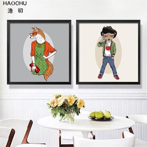 HAOCHU Nordic Cartoon Animals Fox DOG CAT PANDA Canvas PAINTING Wall Painting For Home study bedroom kids Room School Cafe Bar