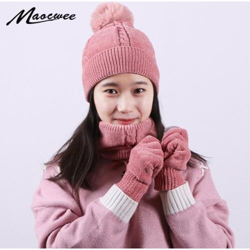 3Pcs Winter Pompon Hat Scarf Set Men Women Hat Scarf Gloves Set Winter Warm Outdoor Thicken Scarf Touch Screen Gloves Unisex Set