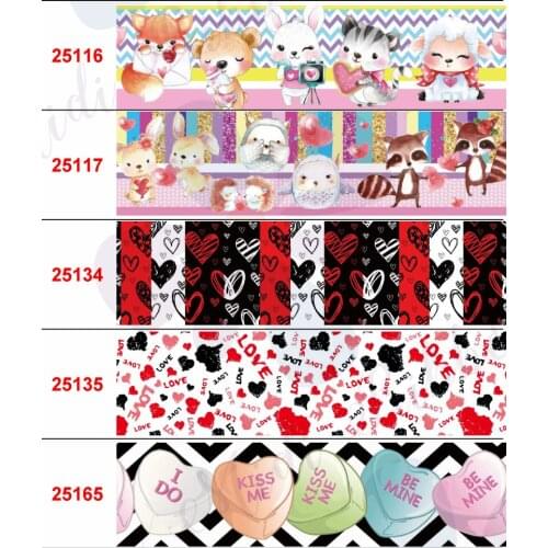 16mm-75mm Love Heart Flower Printed Grosgrain/Foe Ribbon Cartoon Bear Panda DIY Hair Bowknots Happy Valentines Day 50yards/roll