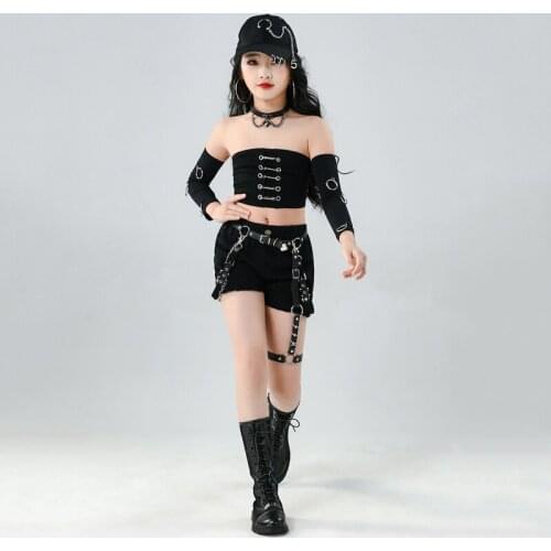 Girls Catwalk Stage Outfits ChildrenS Jazz Dance Costumes Competition Clothes Black Tube Top Suit Hip Hop Rave Clothes DQS7314