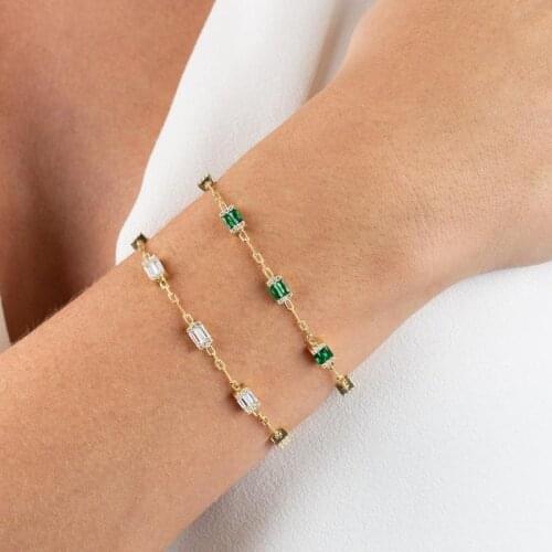 Summer Fashion Rainbow Jewelry Geometric Baguette CZ White Green Blue Red Cubic Zirconia CZ Open Link Chain Sparking Bracelet