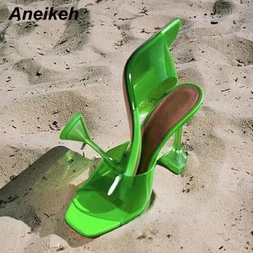 Aneikeh Summer Sexy Jelly Shoes Woman Slippers 2021 NEW PVC Solid Shallow Spike Heels Slides Concise Fashion Party Pumps Outside
