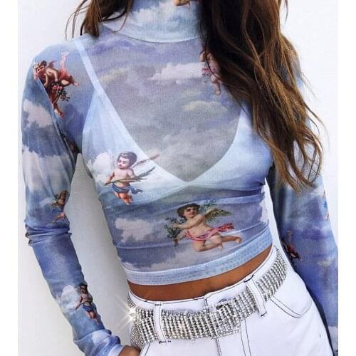 Summer thin section women sexy long-sleeved cupid printed mesh yarn T-shirt female perspective exposed navel top female Tshirt