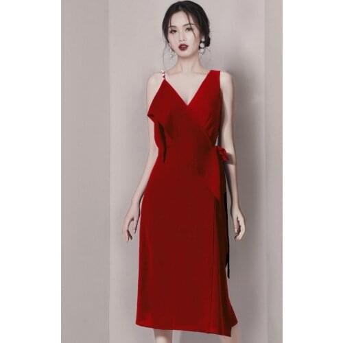 Fashion Pink Mid-Length Women Party Dress Summer V Neck Solid Simple Sheath Burgundy Beading Sleeveless Backless Office Dress