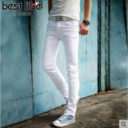 Fashion Trendy mens new trendy mens white feet jeans mens Korean style slim casual cowboy teenager pencil pants men