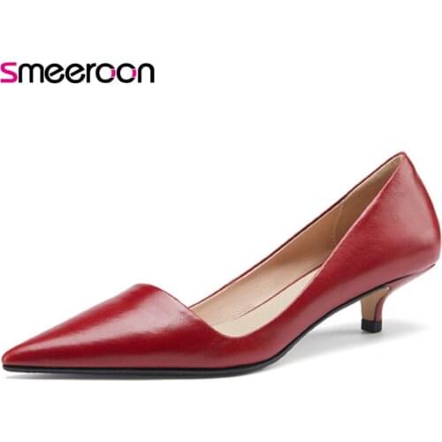 Smeeroon 2021 Newest Genuine Leather Shoes Women Pumps Solid Colors Classic Thin Heel Single Shoes Ladies Party Wedding Shoes
