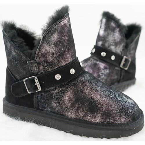 2021 New Genuine Cowhide Leather Snow Boots Women Wool Boots Suede Sheep Fur Flat Anti-skid Warm Winter Shoes
