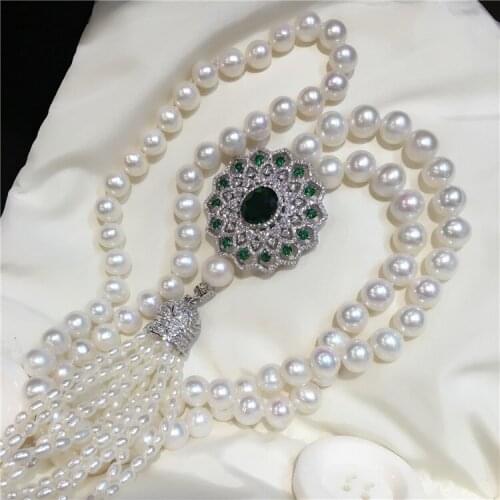 Hot sell new natural 9-10 mm white freshwater pearl necklace long micro inlay zircon clasp sweater chain tassel fashion jewelry