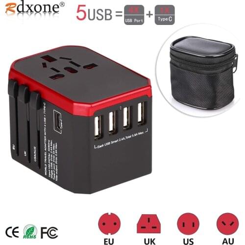 Rdxone Travel Adapter International Universal Power Adapter All-in-one with 5 USB Worldwide Wall Charger for UK/EU/US/Asia