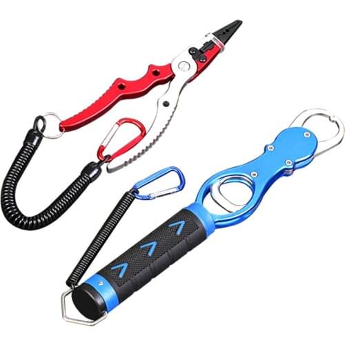 Aluminium Alloy Fishing Pliers Scissors Split Ring Plier with Scale Retractable Tether Combo Hooks Remover Fish Line Cutter Tool