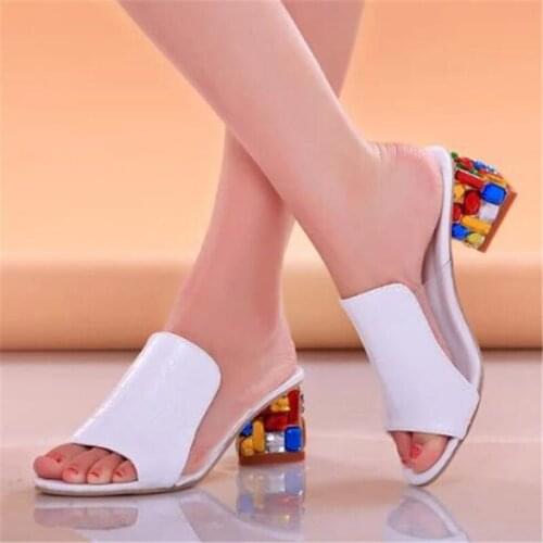 Women Fashion Summer Crystal Sandals Rhinestone Heels Open Toe Shoes Woman Colorful Ladies Beach Flip Flops Slides