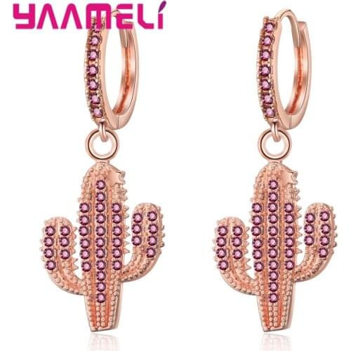 Statement Crystal OL Style Rose Gold Drop Huggie Earrings Colorful Cubic Zirconia Cactus Plant for Women Girls Top Quality