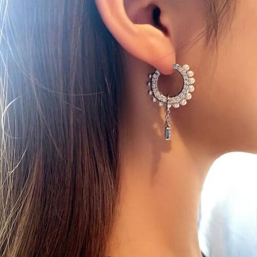 TIMEONLY Korean Style Simulation Pearl Circle Dangle Earring Letter Bling Bling Rhinestones Earring Party Gifts Accessories