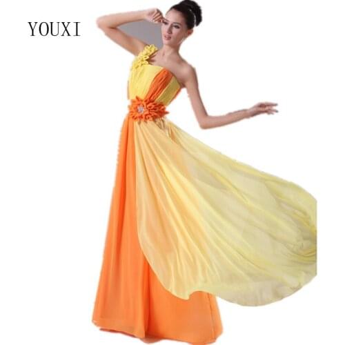 2019 New Design Yellow and Orange Chiffon A-Line Long Prom Dresses with Flowers Fancy Formal Dress