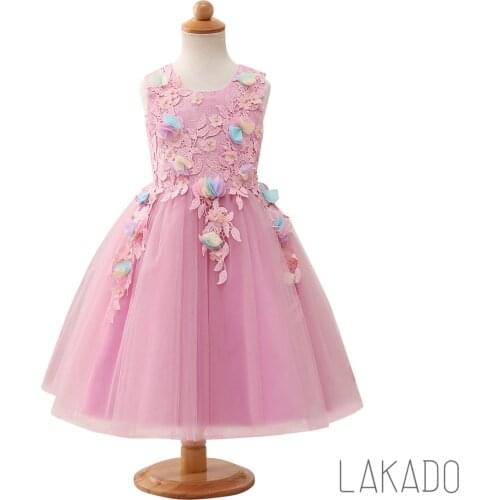 Cute Salmon Lace Knee Length Flower Girl Dress Kids Girls Formal Dress 2-8 Years