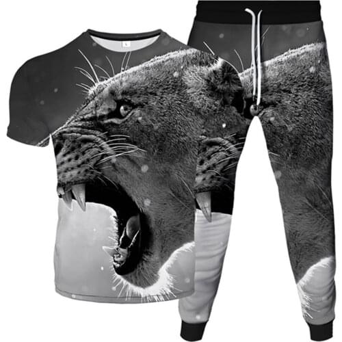 Harajuku Style Men Tracksuit T-Shirt+Trousers 2pc/Set Animal Lion Galaxy Space Print Women Sportwear Clothes Suit Male Plus Size