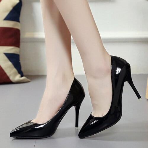 Rimocy Patent Leather Thin High Heels Shoes Woman Sexy Solid Color Pointed Toe Pumps Women Slip on Stiletto Heeled Party Shoes