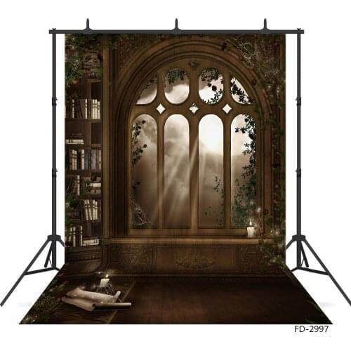 Vintage Wooden Bookrack Arch Window Photography Backdrop for Halloween Vinyl Photocall Background for Children Baby Photoshoot